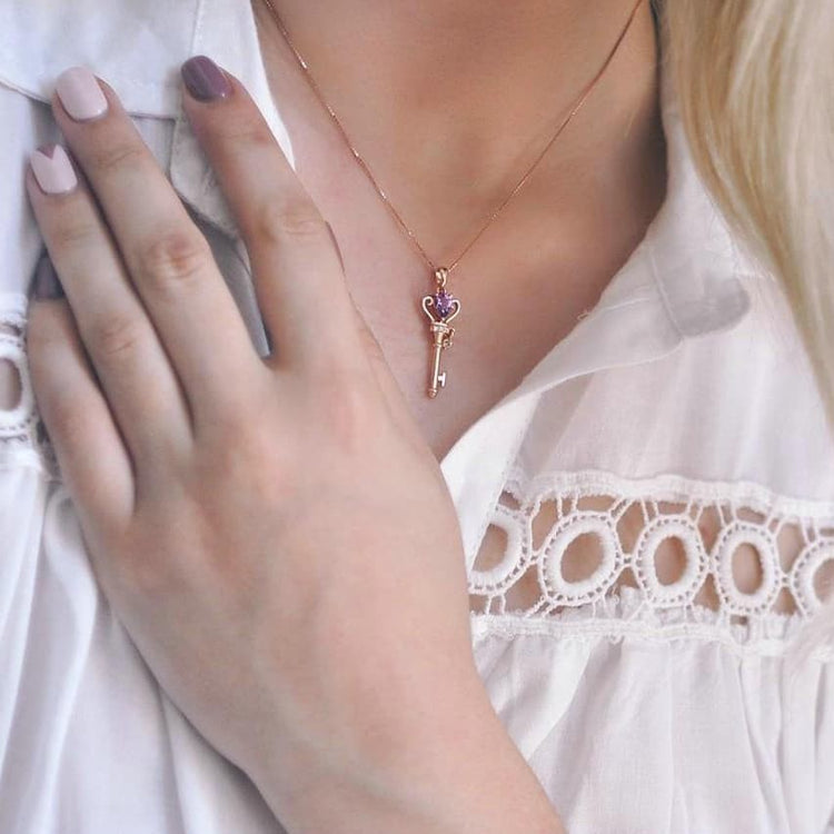 Amethyst Schlüssel, Kette, Naturschoen - #bunt, #rosegold, #sterlingsilber, edelstein, rose, schlüssel